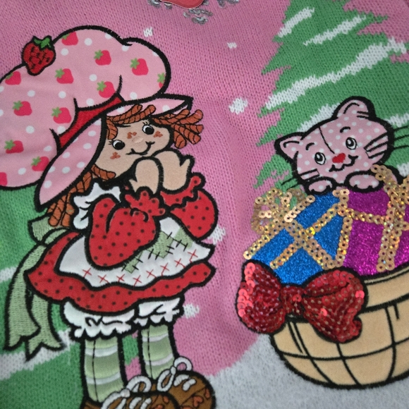 Strawberry Shortcake Festive Pink Embroidered Sequin Christmas Sweater - Picture 8 of 10